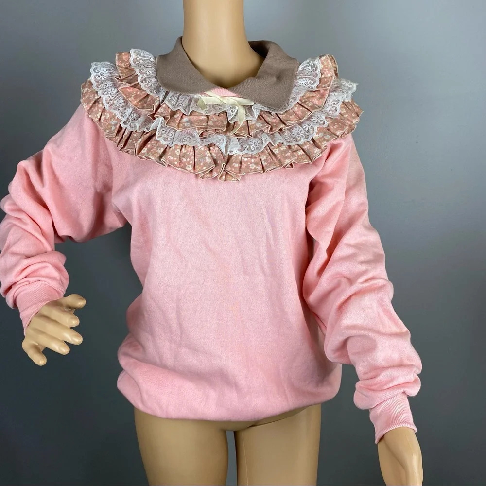 Vintage Sweatshirt Lace Collar Large Grannycore Grandma Cottagecore Pink Tan